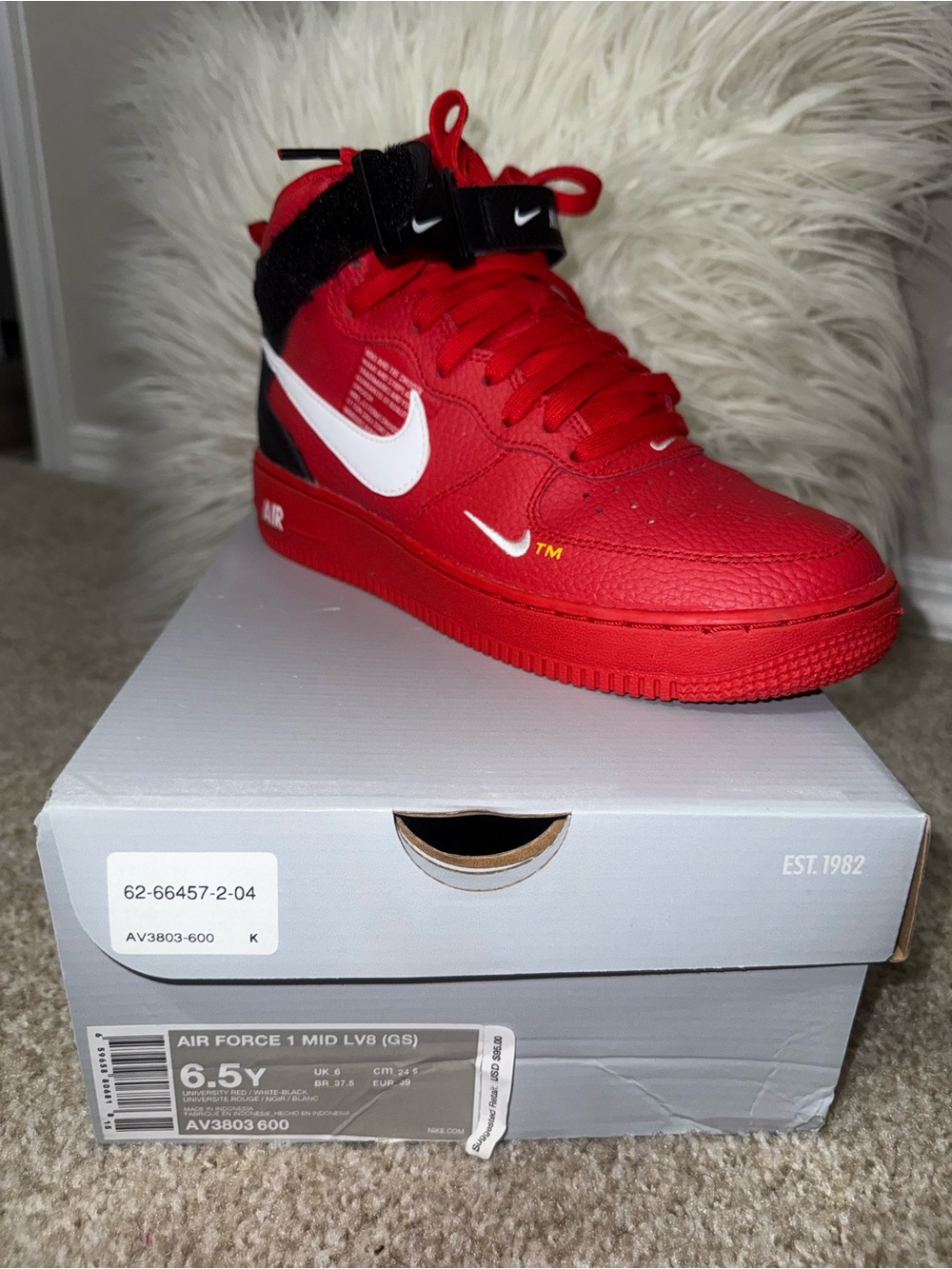 Nike Air Force 1 Mid LV8 University Red GS 6.5Y / Women's